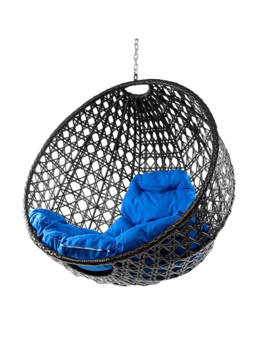 Подвесное кресло КРУГ ЛЮКС с ротангом, чёрный, синяя подушка (БЕЗ СТОЙКИ) - купить в интернет-магазине Diopt.ru