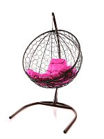 Подвесное кресло КРУГ с ротангом коричневое, розовая подушка