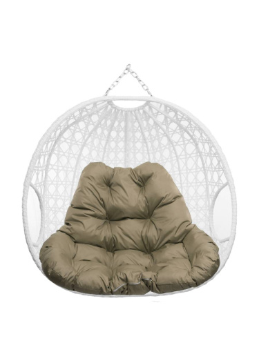 Подвесное кресло ДЛЯ ДВОИХ ЛЮКС, с ротангом, белый, бежевая подушка (БЕЗ СТОЙКИ) - купить в интернет-магазине Diopt.ru