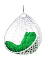 Подвесное кресло КАПЛЯ ЛЮКС с ротангом, белый, зелёная подушка (БЕЗ СТОЙКИ)