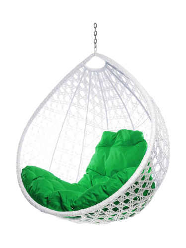 Подвесное кресло КАПЛЯ ЛЮКС с ротангом, белый, зелёная подушка (БЕЗ СТОЙКИ) - купить в интернет-магазине Diopt.ru
