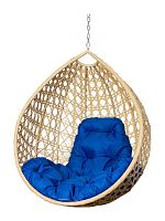 Подвесное кресло КАПЛЯ ЛЮКС с ротангом, бежевое, синяя подушка (БЕЗ СТОЙКИ)