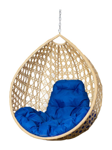 Подвесное кресло КАПЛЯ ЛЮКС с ротангом, бежевое, синяя подушка (БЕЗ СТОЙКИ) - купить в интернет-магазине Diopt.ru
