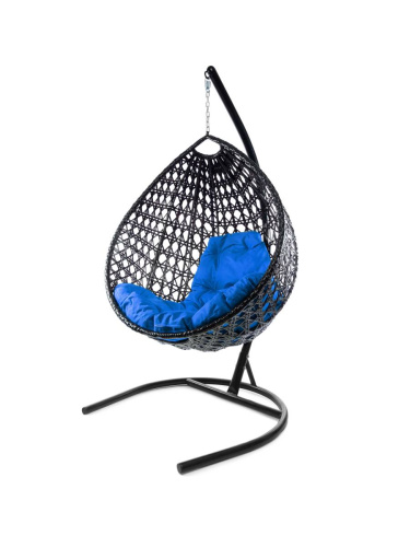 Подвесное кресло КАПЛЯ ЛЮКС с ротангом чёрное, синяя подушка - купить в интернет-магазине Diopt.ru