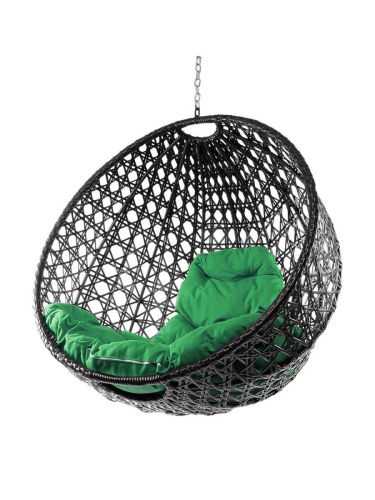 Подвесное кресло КРУГ ЛЮКС с ротангом, чёрный, зелёная подушка (БЕЗ СТОЙКИ) - купить в интернет-магазине Diopt.ru