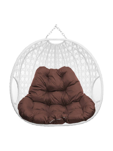 Подвесное кресло ДЛЯ ДВОИХ ЛЮКС, с ротангом, белый, коричневая подушка (БЕЗ СТОЙКИ) - купить в интернет-магазине Diopt.ru