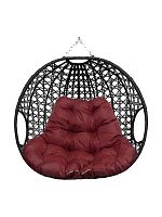 Подвесное кресло ДЛЯ ДВОИХ ЛЮКС, с ротангом, чёрный, бордовая подушка (БЕЗ СТОЙКИ)