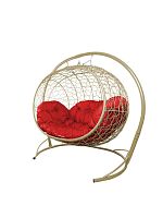 Подвесной диван УЛЕЙ с ротангом бежевый, красная подушка
