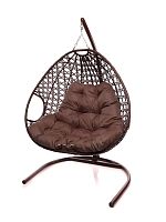Подвесное кресло ДЛЯ ДВОИХ ЛЮКС с ротангом коричневое, коричневая подушка