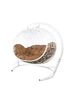 Подвесной диван УЛЕЙ с ротангом белый, бежевая подушка