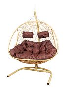 Подвесное кресло Добрыня  с ротангом бежевое,коричневая  подушка (Ткань оксфорд)