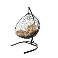 Подвесное кресло XL с ротангом чёрное, бежевая подушка