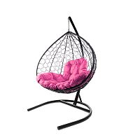 Подвесное кресло XL с ротангом чёрное, розовая подушка
