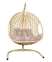 Подвесное кресло ДЛЯ ДВОИХ ЛЮКС с ротангом бежевое, бежевая подушка