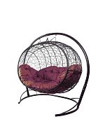 Подвесной диван УЛЕЙ с ротангом коричневый, бордовая подушка