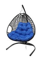 Подвесное кресло ДЛЯ ДВОИХ ЛЮКС с ротангом чёрное, синяя подушка