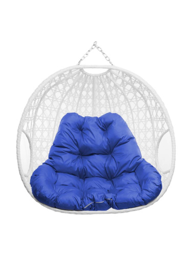 Подвесное кресло ДЛЯ ДВОИХ ЛЮКС, с ротангом, белый, синяя подушка (БЕЗ СТОЙКИ) - купить в интернет-магазине Diopt.ru