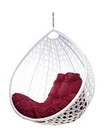 Подвесное кресло КАПЛЯ ЛЮКС с ротангом, белый, бордовая подушка (БЕЗ СТОЙКИ)