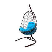 Подвесное кресло ОВАЛ с ротангом коричневое, голубая подушка