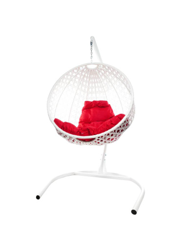 Подвесное кресло КРУГ ЛЮКС с ротангом белое, красная подушка - купить в интернет-магазине Diopt.ru