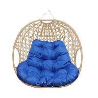 Подвесное кресло ДЛЯ ДВОИХ ЛЮКС, с ротангом, бежевое, синяя подушка (БЕЗ СТОЙКИ)