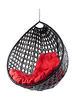 Подвесное кресло КАПЛЯ ЛЮКС с ротангом, чёрный, красная подушка (БЕЗ СТОЙКИ)