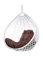 Подвесное кресло КАПЛЯ ЛЮКС с ротангом, белый, коричневая подушка (БЕЗ СТОЙКИ)