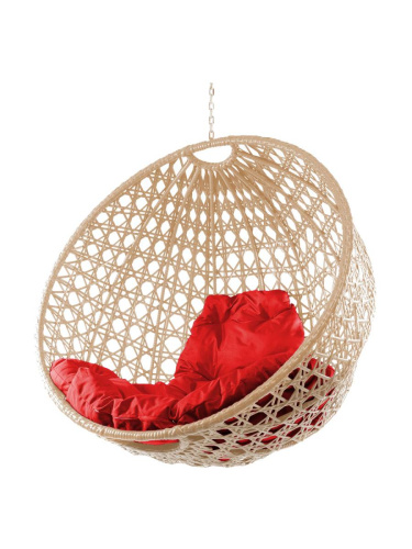 Подвесное кресло КРУГ ЛЮКС с ротангом, бежевое, красная подушка (БЕЗ СТОЙКИ) - купить в интернет-магазине Diopt.ru
