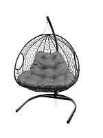 Подвесное кресло ДЛЯ ДВОИХ с ротангом чёрное, серая подушка