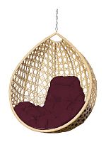 Подвесное кресло КАПЛЯ ЛЮКС с ротангом, бежевое, бордовая подушка (БЕЗ СТОЙКИ)