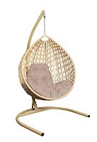 Подвесное кресло КАПЛЯ ЛЮКС с ротангом бежевое, бежевая подушка