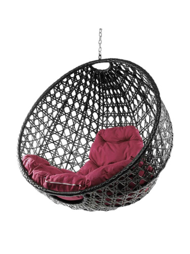 Подвесное кресло КРУГ ЛЮКС с ротангом, чёрный, бордовая подушка (БЕЗ СТОЙКИ) - купить в интернет-магазине Diopt.ru