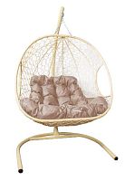 Подвесное кресло ДЛЯ ДВОИХ с ротангом бежевое, бежевая подушка
