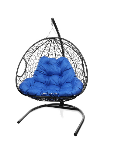 Подвесное кресло ДЛЯ ДВОИХ с ротангом чёрное, синяя подушка - купить в интернет-магазине Diopt.ru
