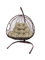 Подвесное кресло ДЛЯ ДВОИХ с ротангом коричневое, бежевая подушка