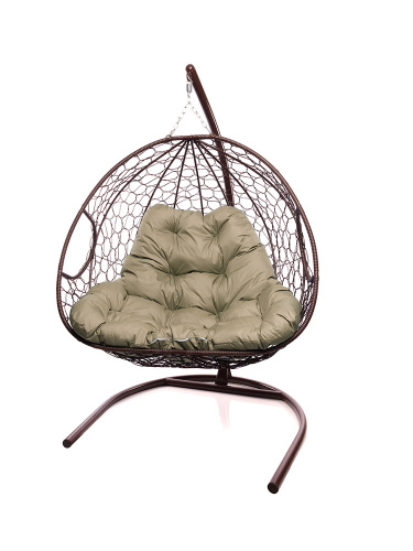 Подвесное кресло ДЛЯ ДВОИХ с ротангом коричневое, бежевая подушка - купить в интернет-магазине Diopt.ru
