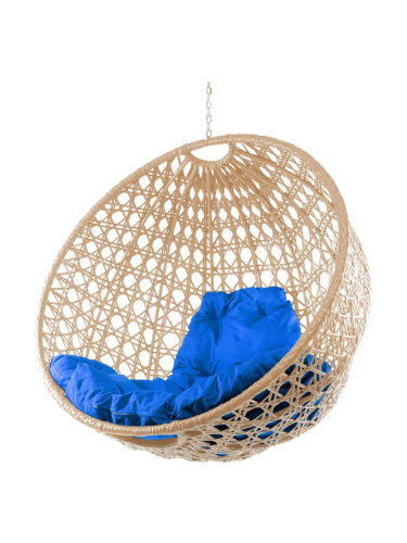 Подвесное кресло КРУГ ЛЮКС с ротангом, бежевое, синяя подушка (БЕЗ СТОЙКИ) - купить в интернет-магазине Diopt.ru