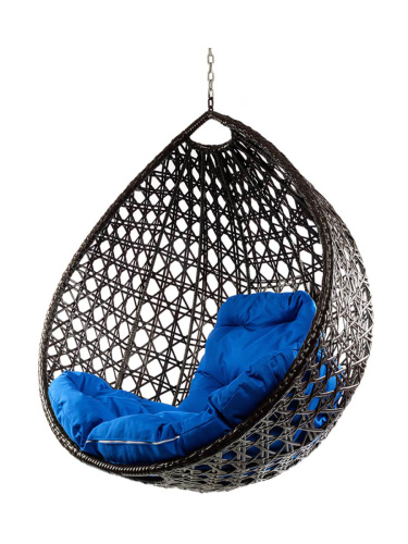 Подвесное кресло КАПЛЯ ЛЮКС с ротангом, коричневый, синяя подушка (БЕЗ СТОЙКИ) - купить в интернет-магазине Diopt.ru