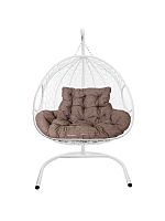 Подвесное кресло ДЛЯ ДВОИХ с ротангом белое, подушка Какао