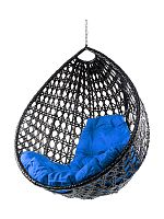 Подвесное кресло КАПЛЯ ЛЮКС с ротангом, чёрный, синяя подушка (БЕЗ СТОЙКИ)