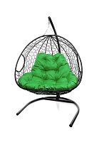 Подвесное кресло ДЛЯ ДВОИХ с ротангом чёрное, зелёная подушка