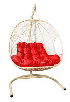 Подвесное кресло ДЛЯ ДВОИХ с ротангом бежевое, красная подушка
