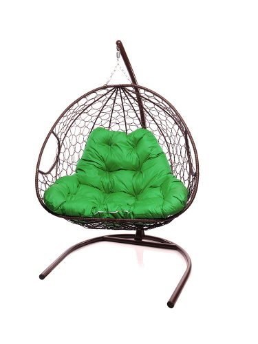 Подвесное кресло ДЛЯ ДВОИХ с ротангом коричневое, зелёная подушка - купить в интернет-магазине Diopt.ru