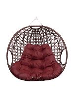 Подвесное кресло ДЛЯ ДВОИХ ЛЮКС, с ротангом, коричневый, бордовая подушка (БЕЗ СТОЙКИ)