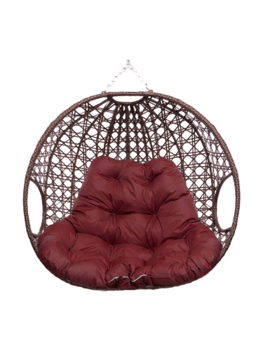 Подвесное кресло ДЛЯ ДВОИХ ЛЮКС, с ротангом, коричневый, бордовая подушка (БЕЗ СТОЙКИ) - купить в интернет-магазине Diopt.ru