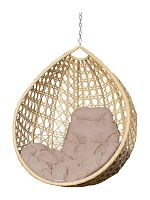 Подвесное кресло КАПЛЯ ЛЮКС с ротангом, бежевое, бежевая подушка (БЕЗ СТОЙКИ)