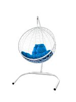 Подвесное кресло КРУГ с ротангом белое, синяя подушка