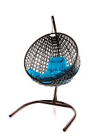 Подвесное кресло КРУГ ЛЮКС с ротангом коричневое, голубая подушка