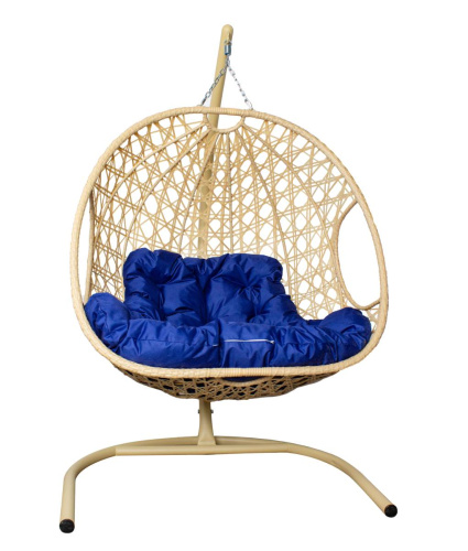 Подвесное кресло ДЛЯ ДВОИХ ЛЮКС с ротангом бежевое, синяя подушка - купить в интернет-магазине Diopt.ru