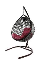 Подвесное кресло КАПЛЯ ЛЮКС с ротангом коричневое, бордовая подушка